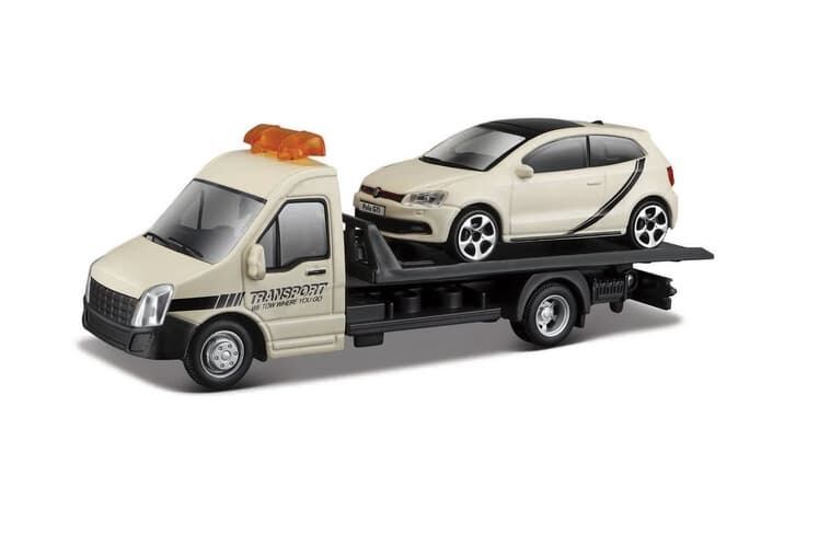 Levně Bburago – STREET FIRE, Přepravní vozidlo Flatbed Transport + VW Polo GTI Mark 5, 1:43