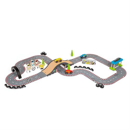 Levně Bigjigs Rail Dřevěná autodráha závodní den