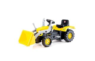 Velký šlapací traktor s rypadlem, žlutý