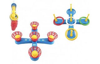 Házecí hra plast kříž s kruhy + košíčky s míčky v síťce