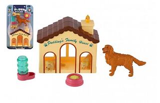 Welpen/Hunde 3pcs mit Haus/Boudou Plastik mit Zubehör auf Karte 15x25x5cm