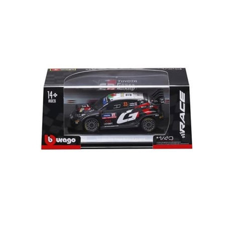 Bburago - RACE, Toyota GR Yaris Rally1 Hybrid v dekorativním boxu, Evans #33, černá, 1:43