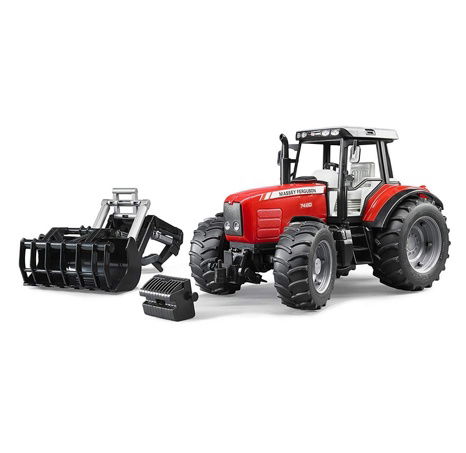 Bruder 2046 Massey Ferguson 7480 s čelním nakladačem a přepravníkem klád