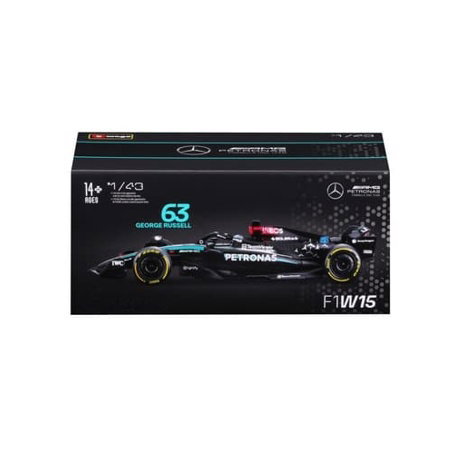 Bburago - RACE Formule F1 v dekorativním boxu, Mercedes-AMG Petronas W15 (2024), #63 G.Russell, 1:43