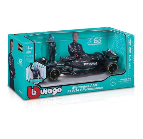 Bburago - RACE Formule F1 s figurkou jezdce, Mercedes-AMG W14 E Performance (2023) #63 Russell, 1:24