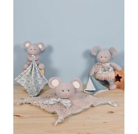 Doudou Dárková sada - Plyšová myška s dečkou z  BIO bavlny 15 cm zeleno-bílá