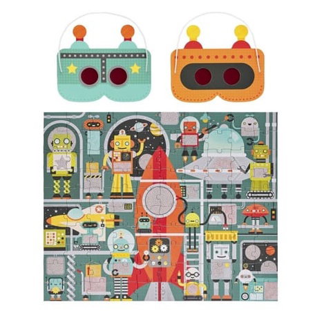 Petit Collage Puzzle roboti 100 ks s 3D brýlemi