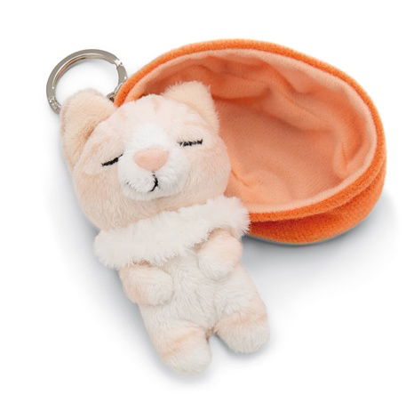 NICI klíčenka spící Kočička béžová 12 cm, oranžový košík, GREEN