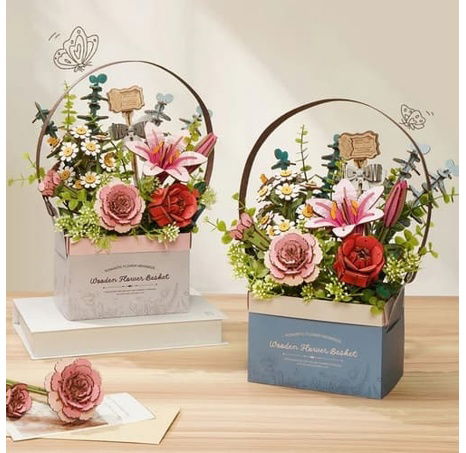 RoboTime 3D dřevěná skládačka Košík s květinami