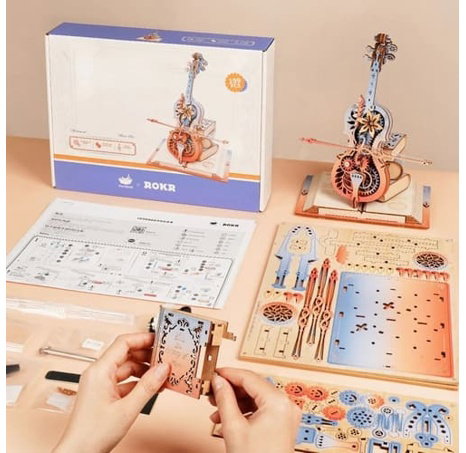 RoboTime 3D dřevěná skládačka hrací skříňky Kouzelné violoncello barevné (mechanický pohon)