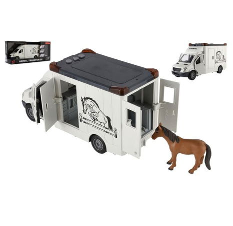 Tiertransportwagen Kunststoff 28cm mit Pferd auf Schwungrad mit Licht mit Sound grau im Karton