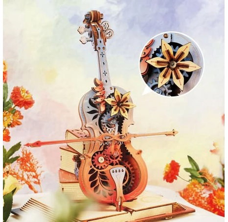 RoboTime 3D dřevěná skládačka hrací skříňky Kouzelné violoncello barevné (mechanický pohon)