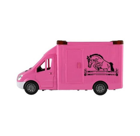 Auto přepravník zvířat plast  28cm s koněm na setrvačník se světlem se zvukem růžové krabici
