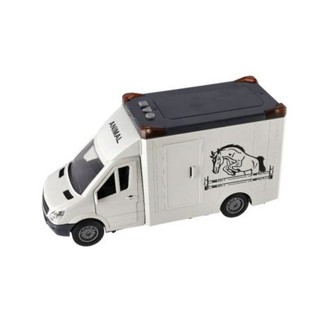 Auto přepravník zvířat plast  28cm s koněm na setrvačník se světlem se zvukem šedé v krabici