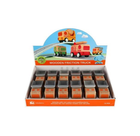 Auto nákladní dřevo 11cm na setrvačník na baterie se světlem, zvukem 12ks v boxu 18m+