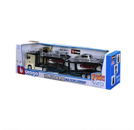Bburago - STREET FIRE, Kamion s návěsem Multicar Carrier M-B Actros + VW Polo GTI Mark 5