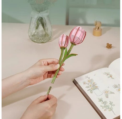 RoboTime 3D dřevěná skládačka Růžový tulipán