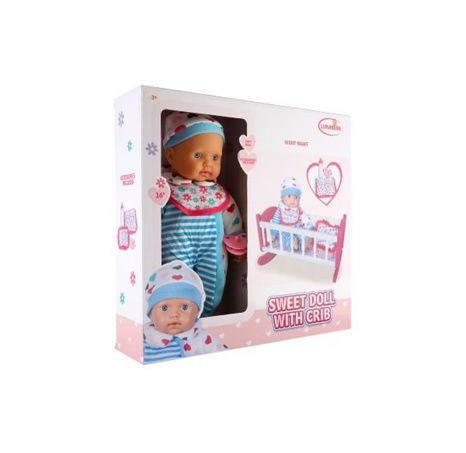 Panenka miminko 38cm měkké tělo s dudlíkem s kolébkou v krabici