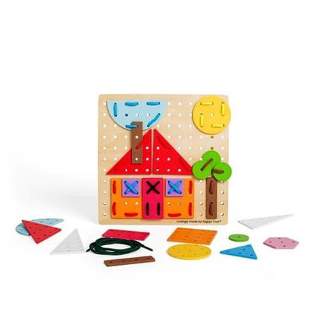 Bigjigs Toys Dřevěná šněrovací hra Geometrické tvary