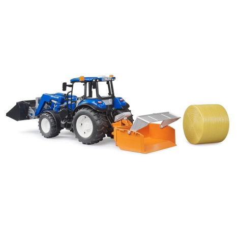 Bruder 2187 New Holland T5.120 s čelním nakladačem, korbou, vidlemi a kulatými balíky