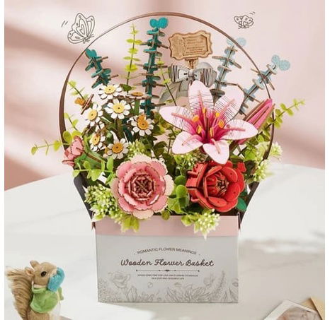 RoboTime 3D dřevěná skládačka Košík s květinami