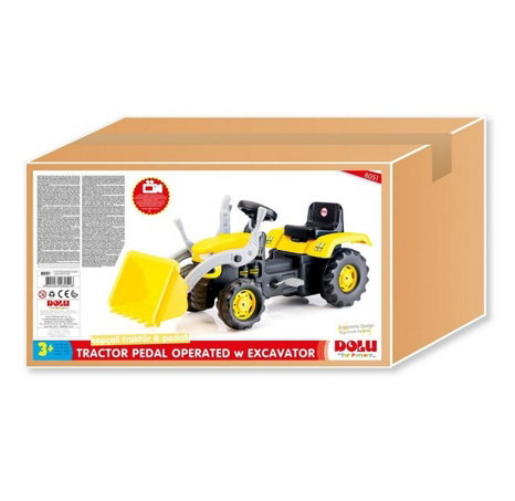 Velký šlapací traktor s rypadlem, žlutý