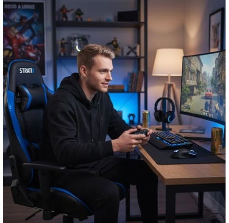 Herní masážní židle modrá s podnožkou