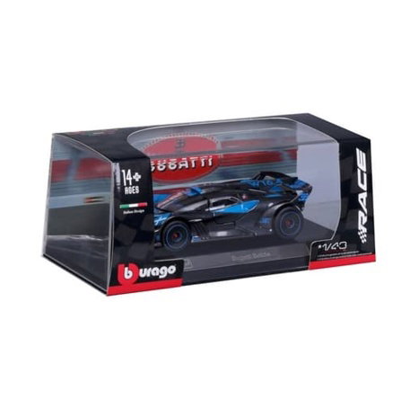 Bburago - RACE, Bugatti Bolide v dekorativním boxu, černá metalíza-modrá, 1:43