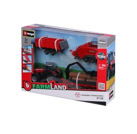 Bburago - FARMLAND, Set Massey Ferguson 8740S se třemi přívěsy, 10 cm
