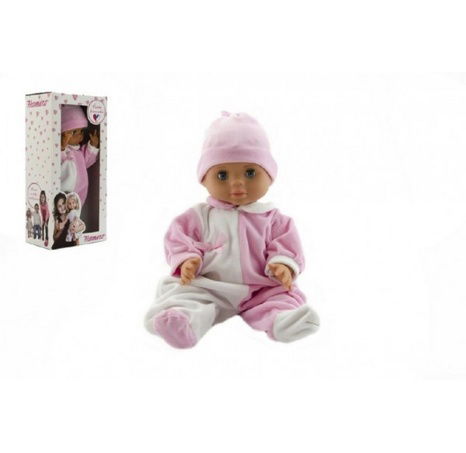 Panenka/Miminko Hamiro 40cm, pevné tělo overal bílorůžový + čepice růžová