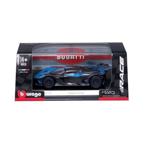 Bburago - RACE, Bugatti Bolide v dekorativním boxu, černá metalíza-modrá, 1:43